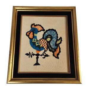 VTG MCM Signed Crewel Embroidery Vibrant Rooster Weathervain Art 15 x 13